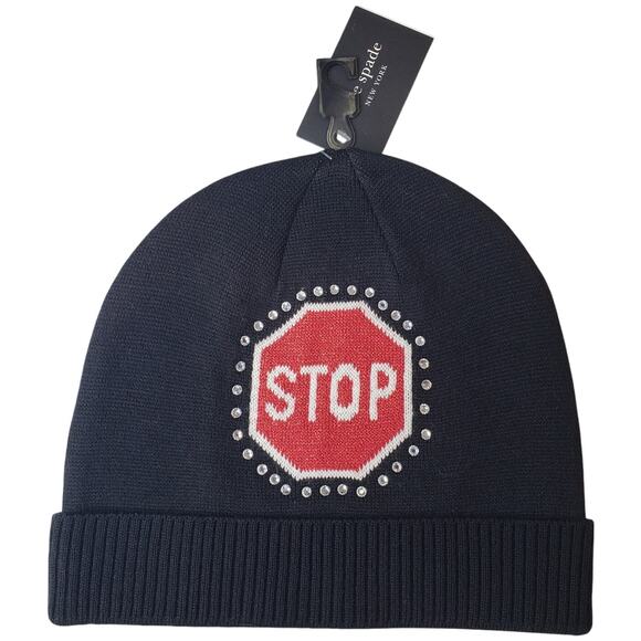 NWT KATE SPADE Traffic Sign Beanie Cap Wool Blend Women's OSFM Black Green Red - Picture 2 of 6